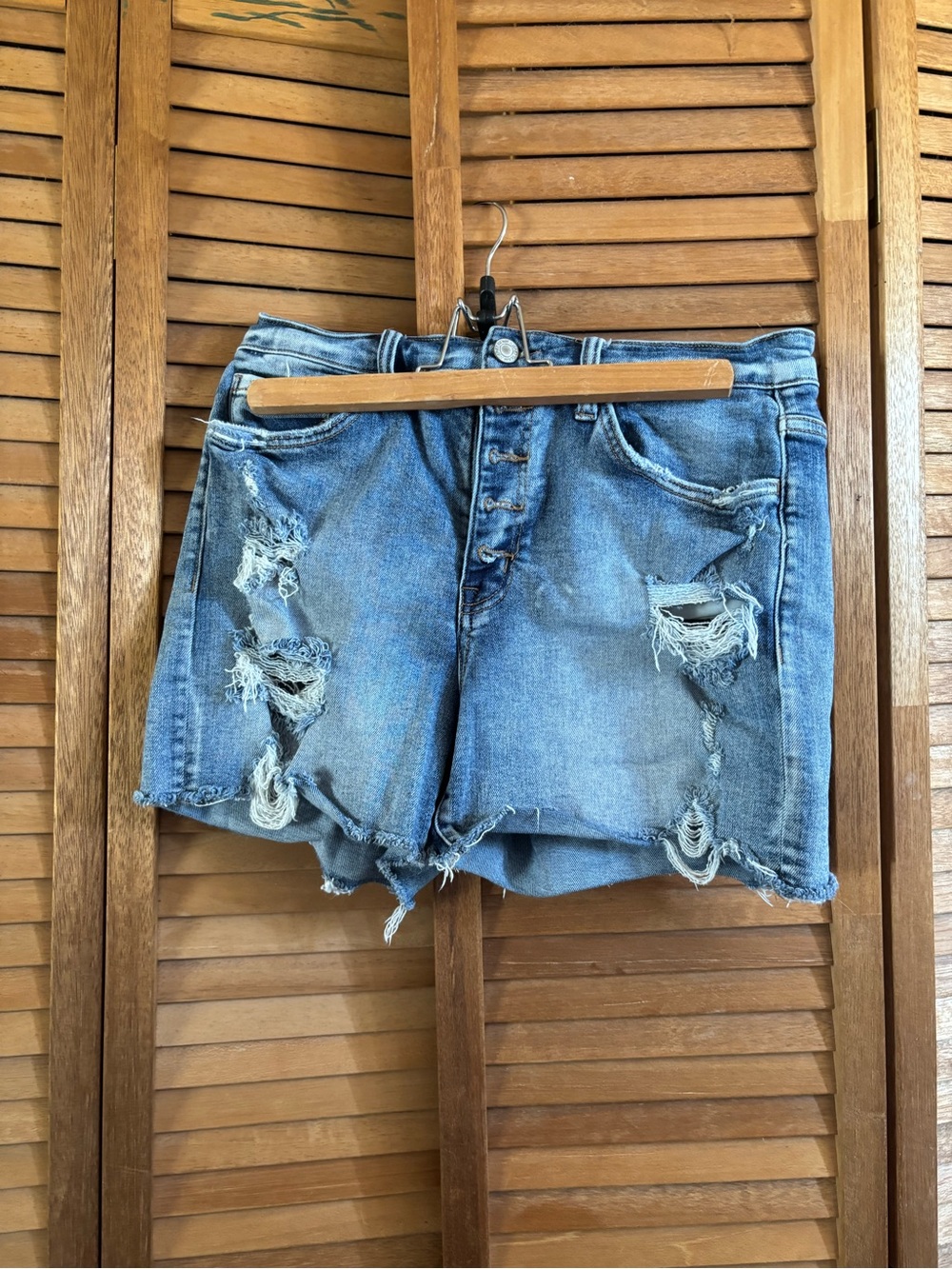 Distressed Light Wash Denim Button-Fly Shorts